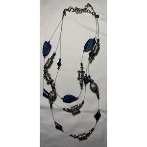 Multi Strand Necklace Blue Silver Tone Statement Beaded Fashion‎ Jewelry